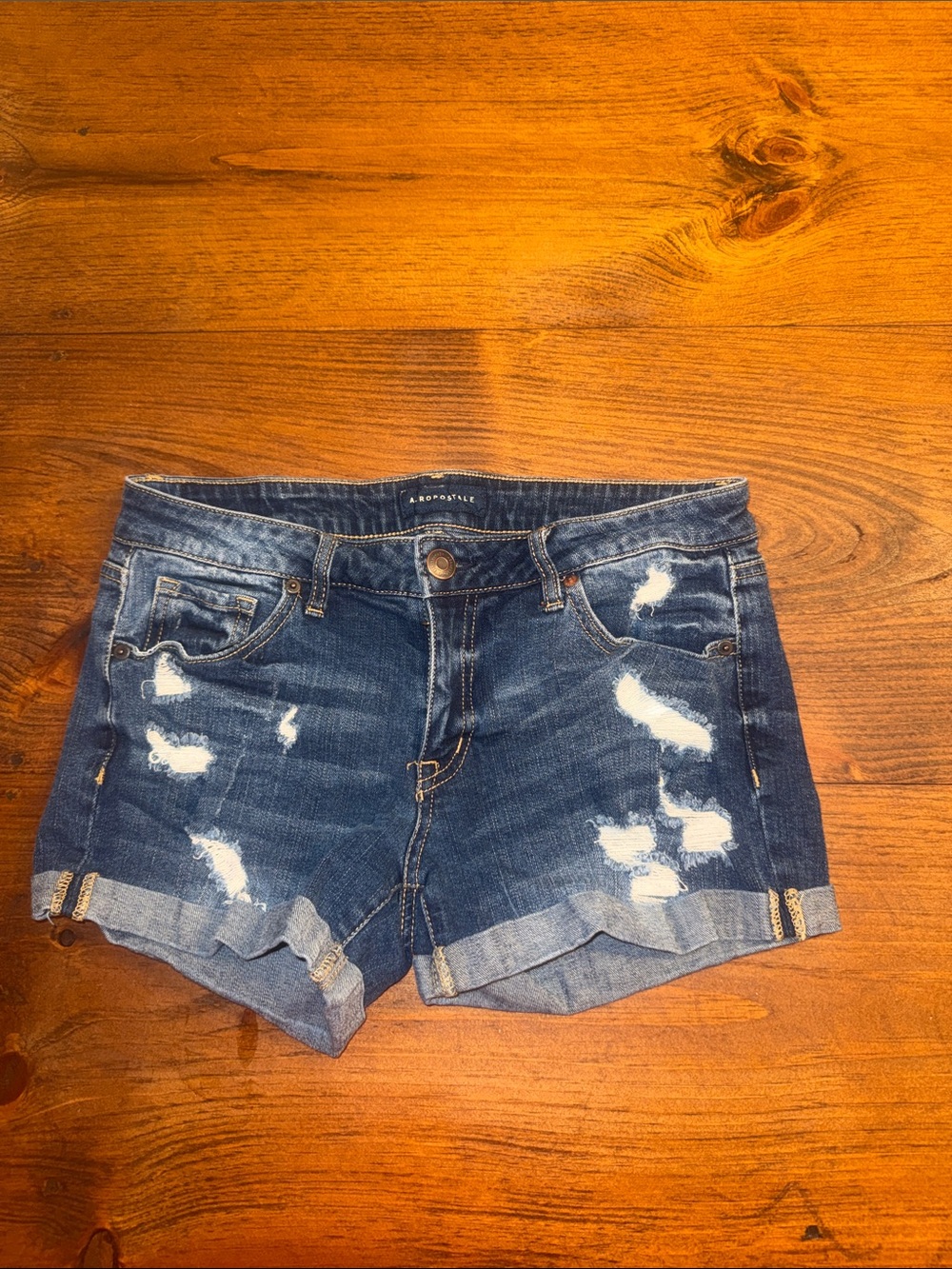 Aeropostale Distressed Medium Blue Denim Roll-Cuff Shorts